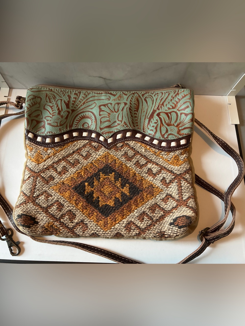 Myra Bag Brown and Mint Embossed Woven Crossbody